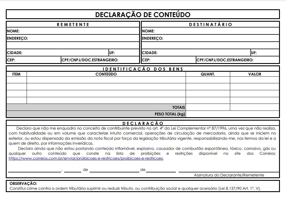 Modelo de declaração de conteúdo dos Correios para impressão